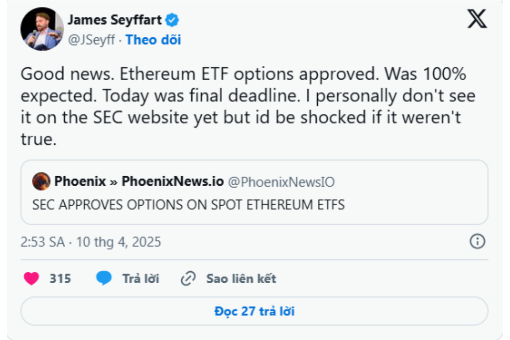 SEC phê duyệt giao dịch quyền chọn cho quỹ ETF Ethereum tác động đến thị trường ra sao?